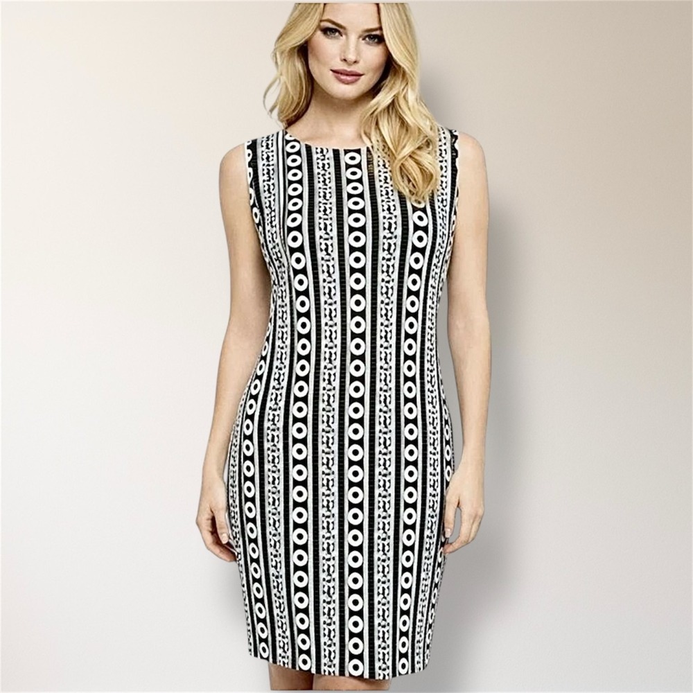 Calvin Klein Embroidered Black White Sleeveless Sheath Dress Office Career Sz 14